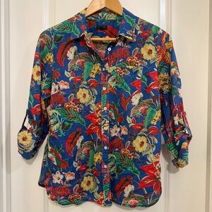 Talbots Shirt Medium Petite Tropical Floral Long Sleeve Button Up Resort Beach